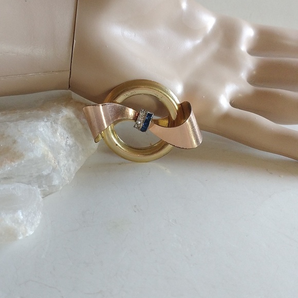 VINTAGE TAYLORD 1/20K GOLD FILLED BOW PIN BLUE WHITE CRYSTALS - Picture 6 of 7